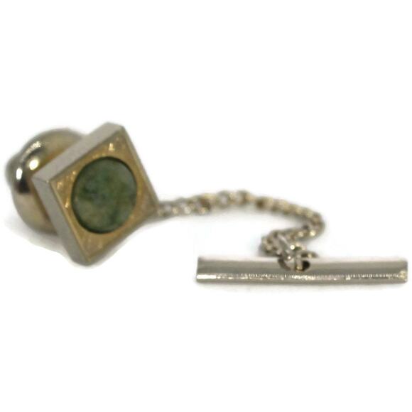Vintage Gold and Green Stone Tie Tack with Chain, Vintage Men's Accessories - Picture 5 of 10